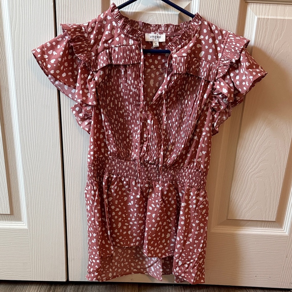 Umgee Mauve Polka Dot Ruffle Blouse